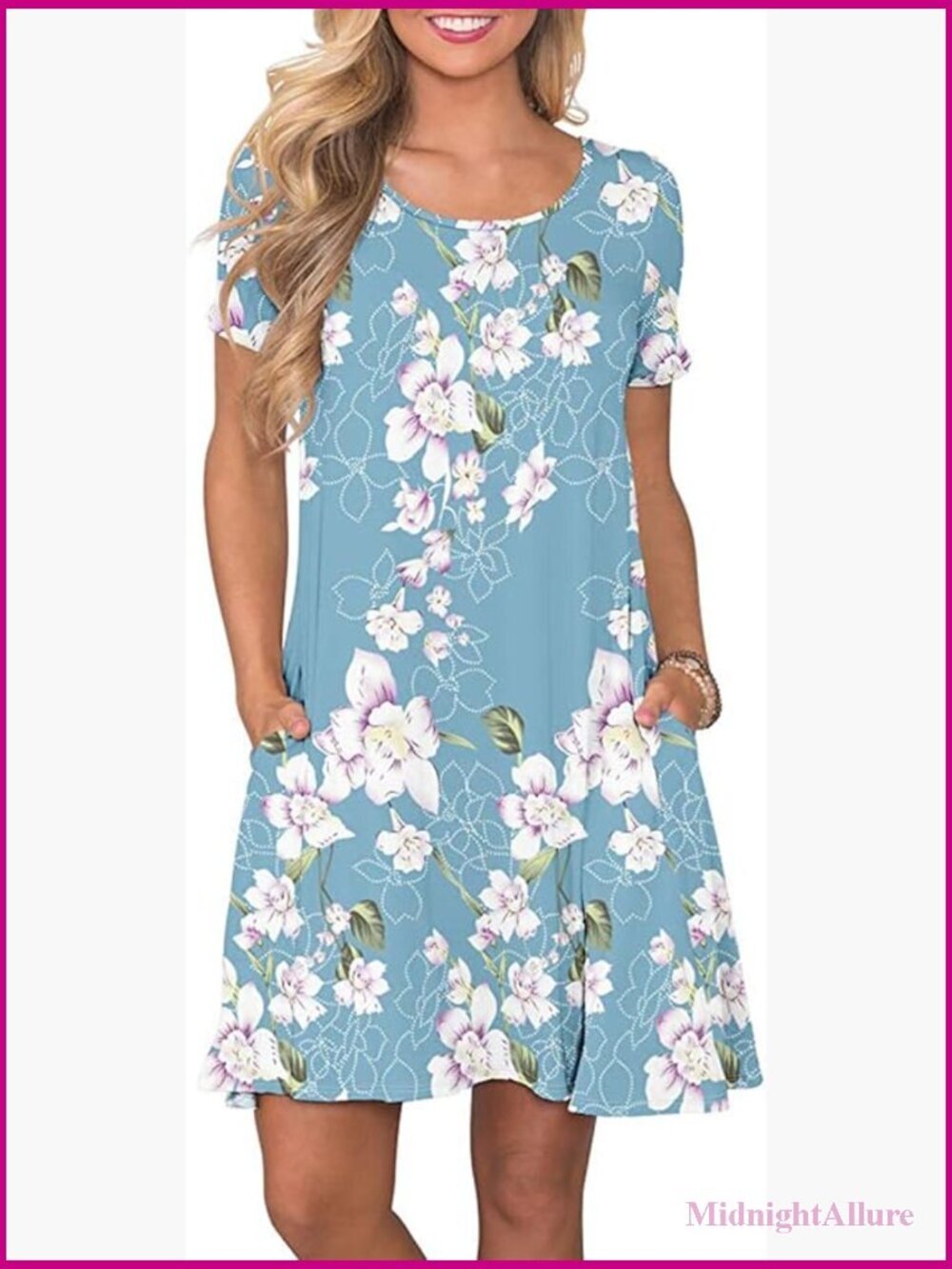 Short Sleeve Swing Dress with Pockets - Casual A-Line
